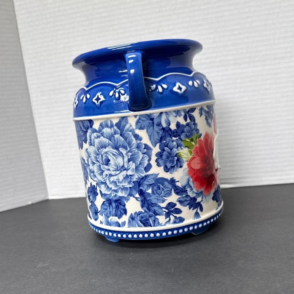 The Pioneer Woman Heritage Floral Stoneware Utensil Holder Blue Red Crock 7.5in